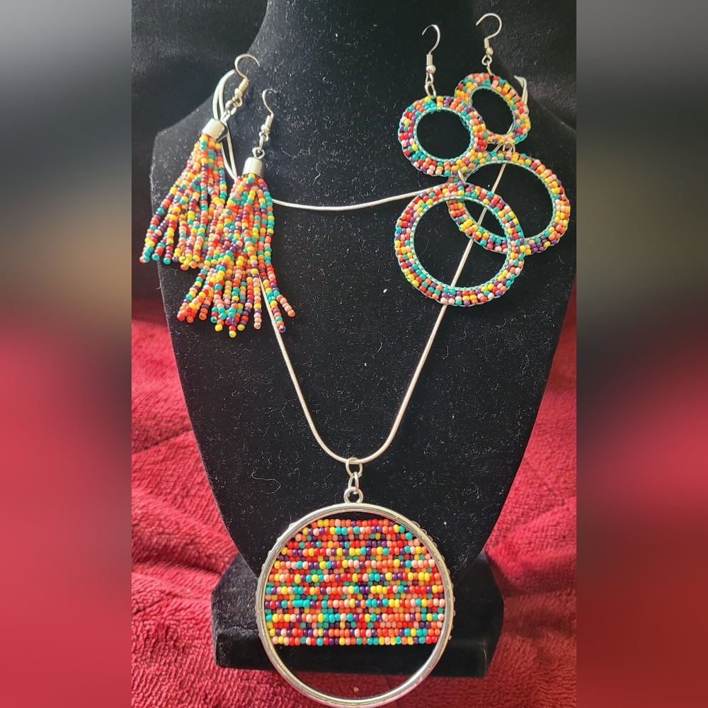 5pc set Silver necklace with multiple colored beads 2 sets of matching Earrings